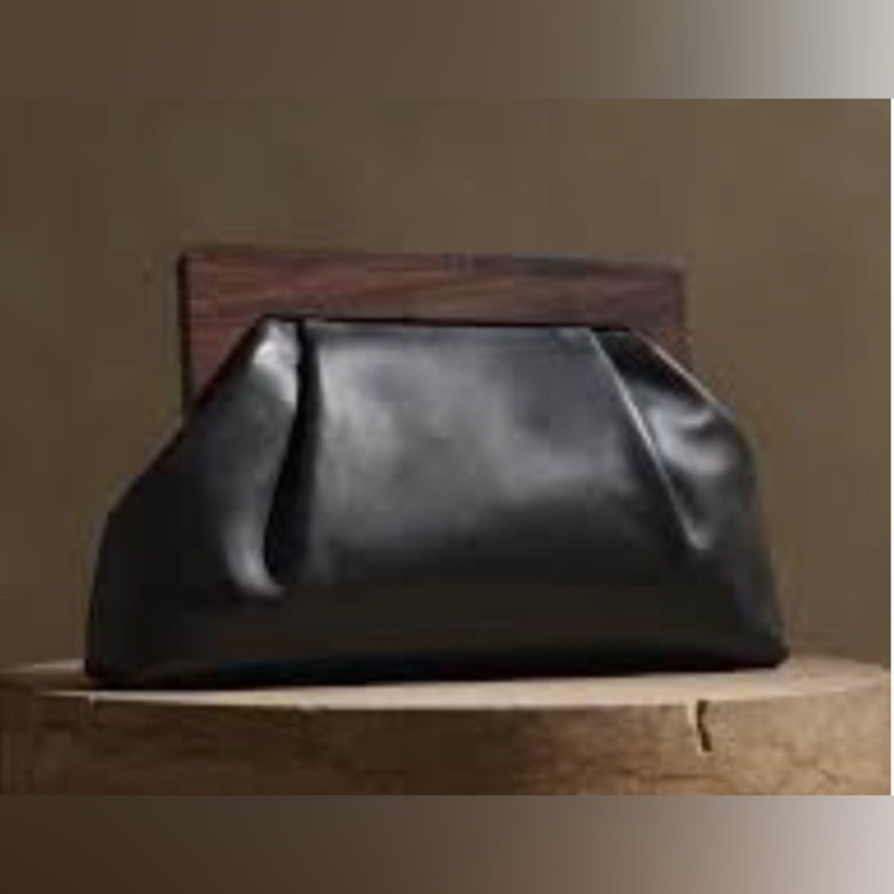 Banana Republic Large Black Leather Clutch with Wooden Handle